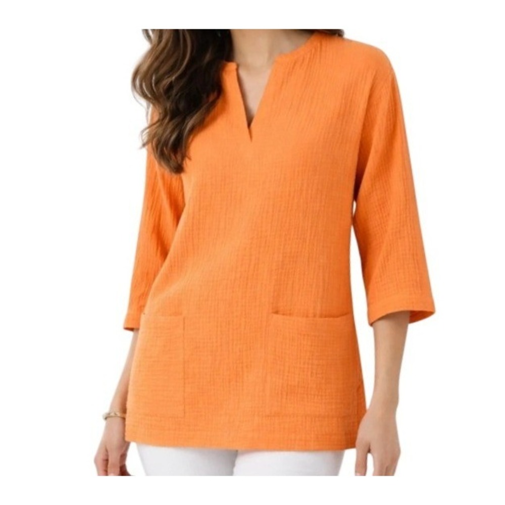 Soft Surroundings Womens L Araza Gauze Tunic Top in Orange